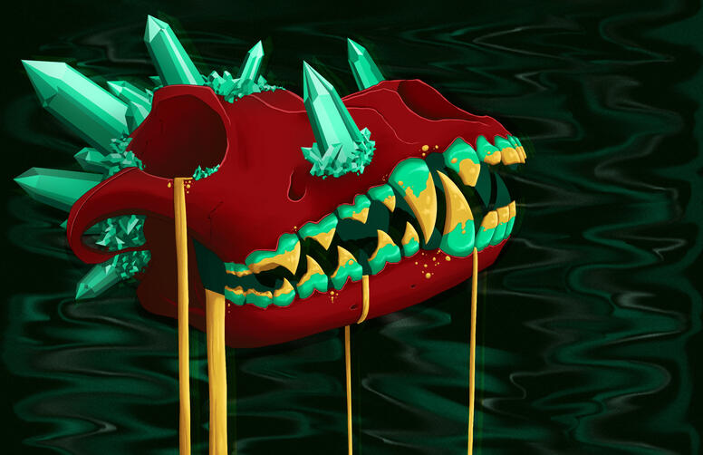 WOLF A red wolf skull covered in teal crystals. Liquid gold drips from its mouth and eye socket.
