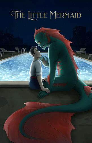 The "Little" Mermaid A human man and a large fish-like monster sit at the side of a public swimming pool at night holding hands. The "mermaid" reaches up to tenderly touch the man's face.