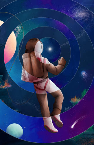 Explorers - Digital Illustrations of a deep sea diver and astronaut overlaid on each other. Both look off towards a light in the far distance.