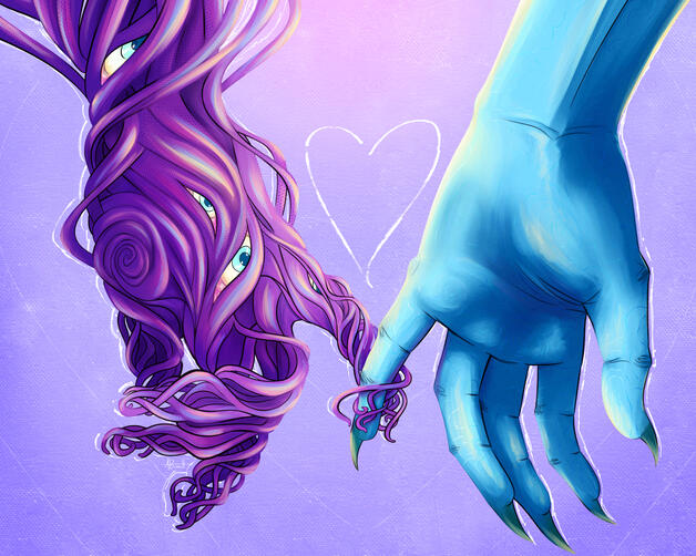 Monster Love - Digital Two monstrous hands reach out to hold pinkys. The one on the left is made up of entwined purple tentacles and eyes. The one on the right is blue with sharp claws and swirling patterns on the skin.
