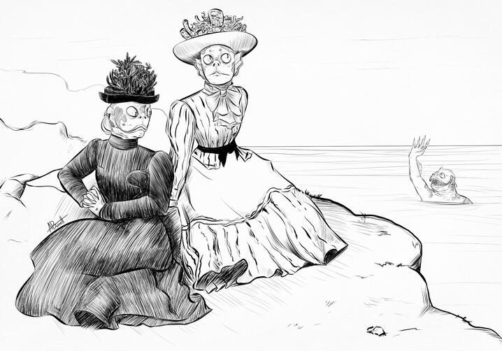 Gibson Girls Study - Digital A redraw of Charles Gibson's *Picturesque America, Anywhere in the Mountains*. Two humanoid fish women in early 20th century dresses lounge on a rocky outcrop over the sea. Another fish person waves at them from the water.