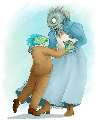 Fish Couple - Digital Two humanoid fish people dance together. The man is small and colourful, wearing a brown suit. The woman is much larger and more muted than him, wearing a blue dress.