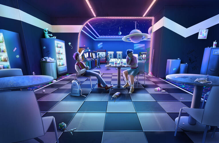 Arcade - Digital Two teens look bored sitting across a table together. They're in the cafeteria space of a dirty arcade. People play games in the background.