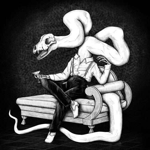 Snake Gal - Digital Black and white illustration of a figure relaxing on a chaise lounge, a martini in hand. Their body is humanoid and dressed in fine clothes, but from the neck up is a long twisting snake.
