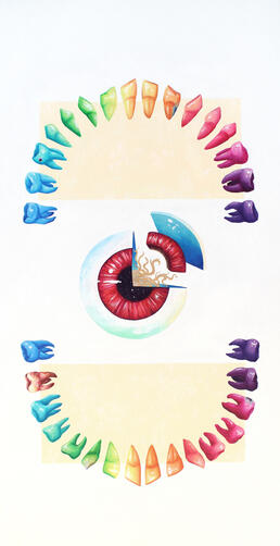 Anatomy #2 - Acrylic Painting A stylized, partially dissected eye surrounded by a rainbow of colorful human teeth. One of the teeth is rendered realistically.