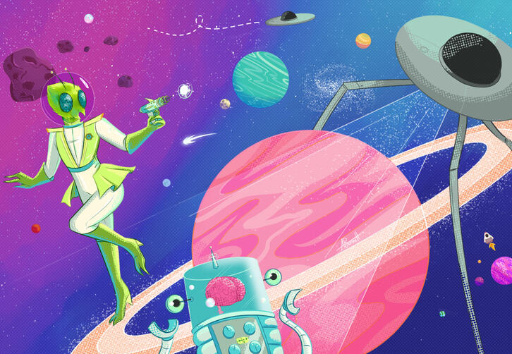 Pop Sci-Fi - Digital A bright, colourful space scene. A feminine green bug-like alien shoots a laser at an attacking robot while planets and stars whiz by.