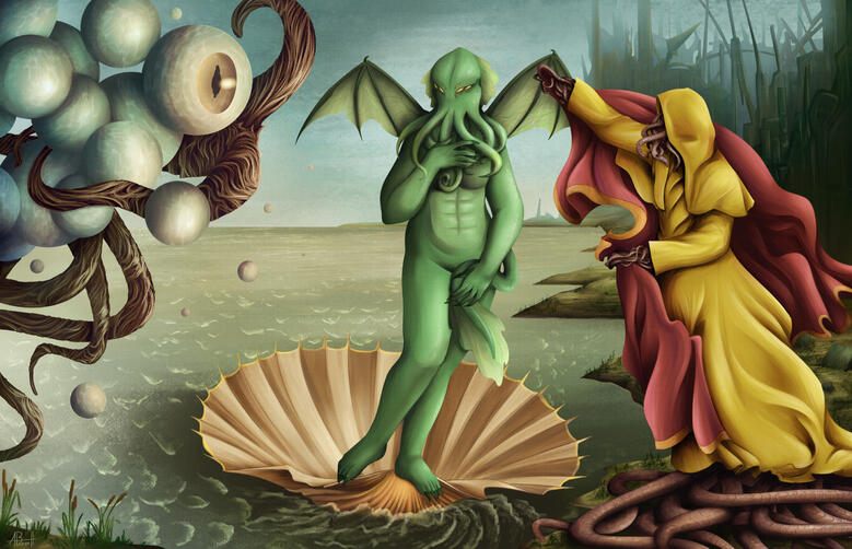 'The Birth of Cthulhu' Parody Work - Digital A redraw of Botticelli's *The Birth of Venus* with Lovecraftian monsters. Cthulhu takes the place of Venus on the shell.